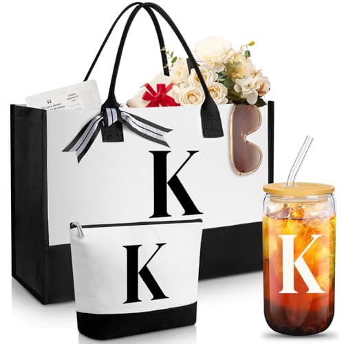 Aliceset Initial Gifts for Women Monogram Canvas Tote Bag and Makeup with Zipper and Initial Glass Coffee Cup Gifts for Her - style: Letter K