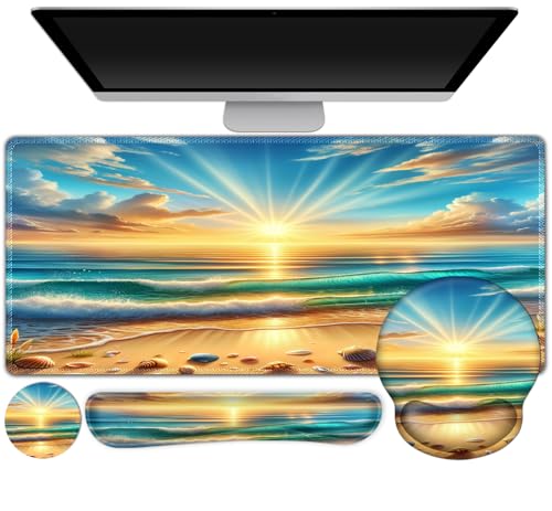 Gaming Mouse Pad, Large Desk Mat, Cute Desk Pad Protector, 4in1 XXL Mousepad + Keyboard Wrist Rest+Mouse Wrist Rest+Coaster Set with Ergonomic Desk Pad for Home Office Computer, Beach Sun Shell - color: Beach Sun Shell