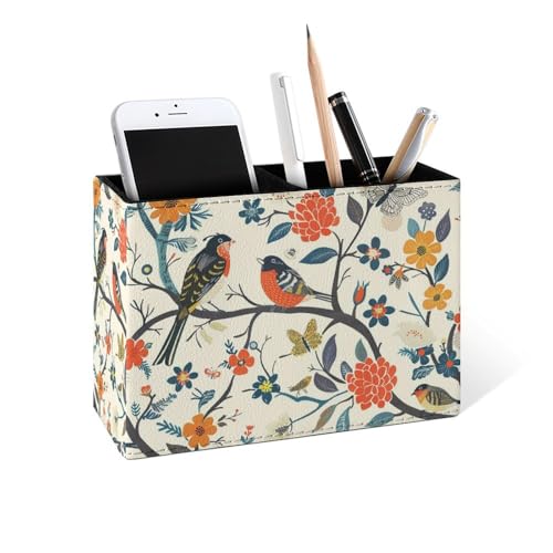 Famame Birds And Butterfly Tree Pencil Holder for Desk, Leather Desktop Container Pen Cup Storage Study Table Pen Organizer Makeup Brush Holder for Classroom Office Home - color: Birds Butterfly Tree