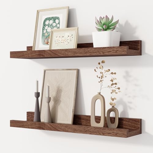 Floating Picture Ledge Shelves Set of 2, 16 Inch Solid Wood Wall Shelves with Lip, Large Nursery Book Shelf for Toys Storage, Kids Bookshelf, Living Room, Bedroom Decor Frames, Walnut Color - color: Picture Ledge Shelves,walnut, size: 16in