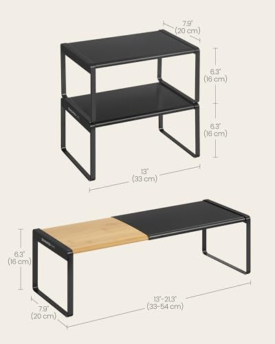 SONGMICS HOME Spice Racks, Expandable Cupboard Shelf Orgnizers, Kitchen Counter Shelves, Bamboo and Metal, Space-Saving Shelving, Stackable, Light Bamboo and Ink Black UKCS051B01 - color: Light Bamboo + Ink Black, size: 2 Pack