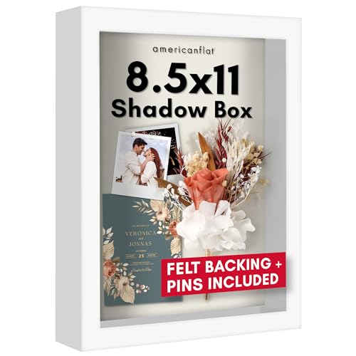 Americanflat 8.5x11 Shadow Box Frame with Shatter-Resistant Glass - Silhouette Collection - Large Shadow Box Display Case for Tabletop and Wall Display - White with Soft Felt Back - color: White, size: 8.5x11