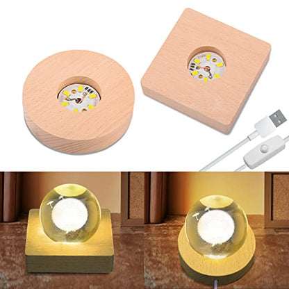 4pcs Wooden Light Base, Round & Square Crystal Sphere Pedestal Stand with USB Cable Switch, Light Display Base for Illuminate 3D Crystal Ball Aroma Stone Resin Art Ornament