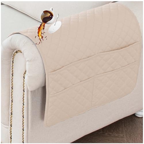 Waterproof Sofa Armrest Cover Headrest Cover with Side Pocket Non-Slip Couch Protector for Armchairs, Chairs, and Sofas (Apricot,Armrest Cover 2PCS) - color: Apricot, size: Armrest Cover 2PCS
