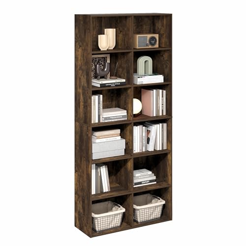 Furinno Basic Book Shelf, 12-Cube Bookshelf, Bookcase with Open Shelf, Cube Storage Organizer, 12 x 32 x 71, for Living Room, Home Office, Amber Pine - color: Amber Pine, size: 12-Tier, 12 x 32 x 71