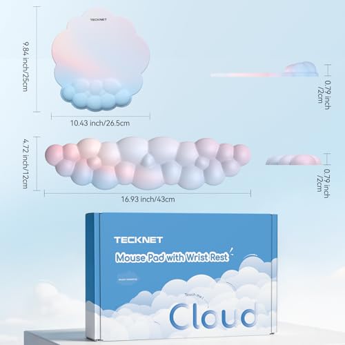 TECKNET Cloud Wrist Rest & Ergonomic Mouse Pad, Cloud Keyboard Wrist Rest with Non-Slip Base, PU Leather Memory Foam Wrist Pad for Keyboard and Mouse, Pain Relief for Typing, Gaming, Rainbow - color: Rainbow