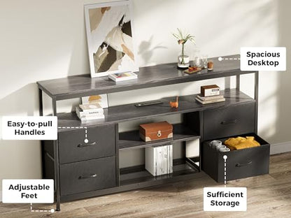 Huuger TV Stand Dresser with Power Outlets and LED Lights, 4 Drawers Entertainment Center with Shelves, 54in Media Console for 55 60 Inch TV, Dresser with PU Finish, Grey and Black - color: Grey and Black, size: 54 Inches