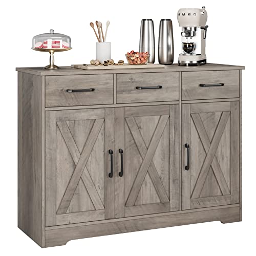 HOSTACK Modern Farmhouse Buffet Sideboard Cabinet, Barn Doors Storage Cabinet with Drawers and Shelves, Wood Coffee Bar with Storage for Dining Room, Kitchen, Living Room, Ash Grey - color: Ash Grey