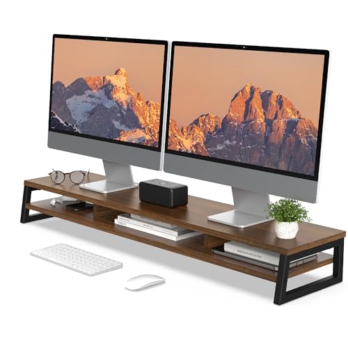 Fenge Dual Monitor Stand for Desk, 42.5in Large Monitor Riser for 2 Monitors, 2 Tier Computer Office Desk Top Shelf, Desktop Storage Stand for Laptop, PC, Computer, Printer - color: Brwon