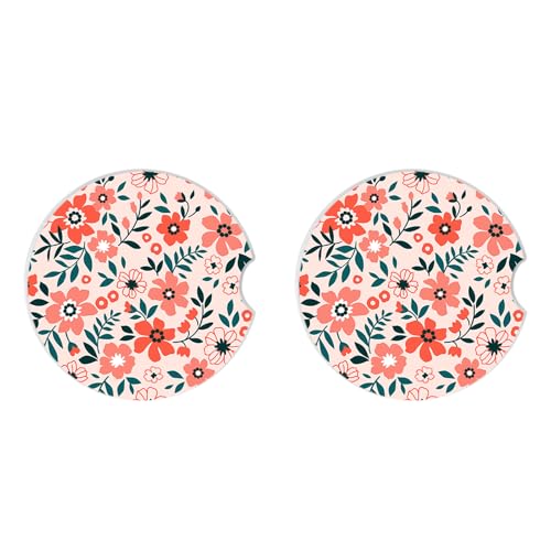 Red Flowers Car Coasters for Drinks Absorbent,2 Pack Cup Holders,2.56" Ceramic Stone & Non-Scratch Cork Base Coasters,Auto Accessories for Women & Men. - color: Red Flowers