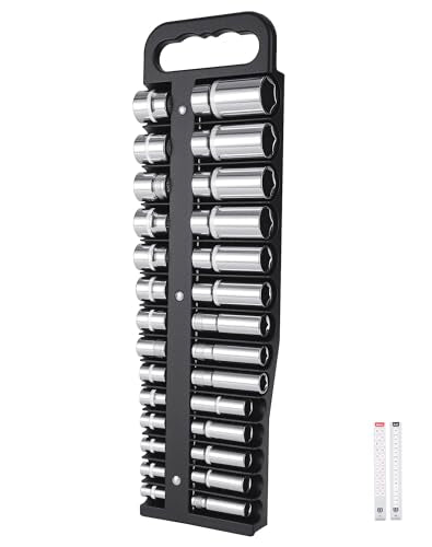 Reniteco Magnetic Socket Holder Set, Black Portable Heavy Duty Socket Rail For 3/8-inch Drive, Hold 28 Sockets - Fit Shallow & Deep Sockets, Sockets Not Included - color: 3/8"-black