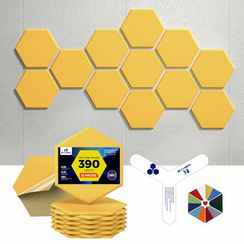 Self-Adhesive Acoustic Panels [390 lbs/yd³ Ultra-High Density], 2nd Generation Sound Absorbing Panel, Professional Level Sound Panel, Polyester Soundproof Foam [Medium Hexagon, Yellow] - color: Yellow, size: Medium Hexagon (12''x10''x0.4'')