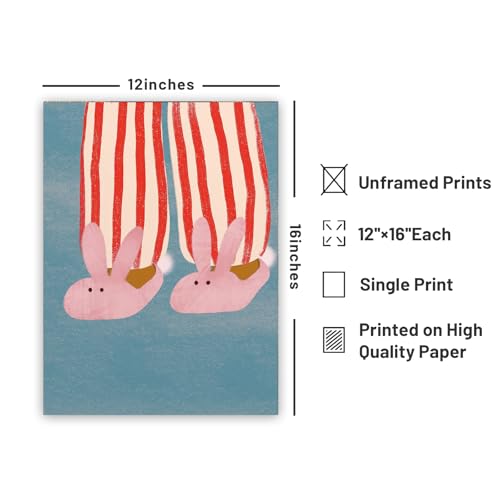 Girls Wall Art Nursery Wall Art Children Artwork A cute drawing of someone wearing pink rabbit slippers 12x16inch Unframed for Bedroom Kids Room Baby Room Classroom - color: Pink and blue, size: 12"L x 16"W