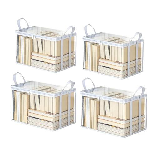 4 PCS Clear Book Storage Containers with Lids - Durable Comic Book Protector & Media Organizer - Collapsible Vinyl Storage Bags with Zipper for Books, Blu-Rays, Office Supplies - 15" x 9.5" x 12.5" - color: White, size: 4-Pack