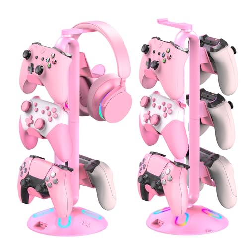 Gaming RGB Headphone Stand, Controller Holder with 9 Light Modes - Headset Stand with 2 USB Charging Ports and 3.5mm & Type-C - Controller Stand Hanger Accessories for Desk and Gamer(Pink)… - color: Pink