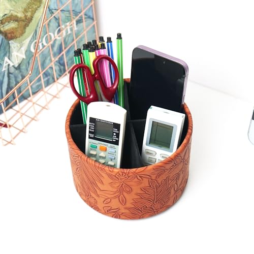 Round Leather Art Supply Organizer,Remote Control Holder,360 Degree Spinning,Multi-Functional Pencil Holder,4 Compartments Desktop Stationary Organizer(1-Carved Brown) - color: 1-Carved Brown