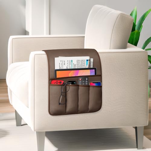 Remote Control Holder for Armchair, Couch Caddy Organizer TV Remote Holder for Bed Storage 5 Pockets, Remote Caddy Bedside Organizer Bedside Table Organizer (Brown, 35"x12.4") - color: Brown, size: 35"x12.4"