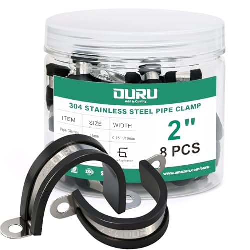 OURU 8pcs 2 Inch Pipe Clamp 304 Stainless Steel, Heavy Duty Rubber Cushioned Insulated Pipe Strap, U Bracket Clamp Conduit Clamp for Automotive, Wire & Tube - size: 2"