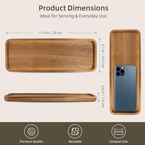 TJ POP Acacia Wood Serving Tray, Wooden Decorative Tray for Coffee Table, Kitchen, Bathroom Counter - Rectangular Wood Platter for Candles, Perfume, Snacks (11.4 x 4.1 x 0.6 in) - color: Rectangular Serving Tray