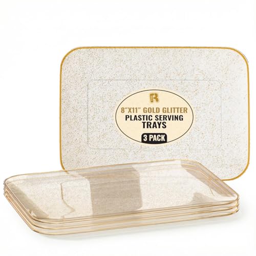 3 Pack Gold Glitter Plastic Serving Trays for Party - Gold Glittered Serving Tray 8 x 11 Inch - Heavy Duty Dessert Trays for Food - Rectangular Party Serving Trays for Entertaining - color: Gold Glitter