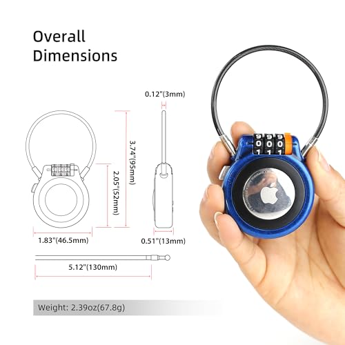 Metal AirTag Holder with Combination Lock & Steel Cable, Finder Lock Case Compatible with Apple AirTag, Anti Theft for Luggage Backpack Stroller Suitcase Car Tracking, Weather Resistant - color: Retro Blue