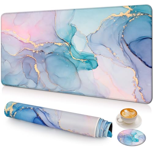 Large Gaming Mouse Pad with Coaster,Desk Matt for Desktop,Desk Mat-Marble | Desk Pad,XXL Cute Desk Mat Cover for Computer Keyboard Laptop Women Office Home Decor, 31.5'' x15.6'' - color: D2-Blue Marble