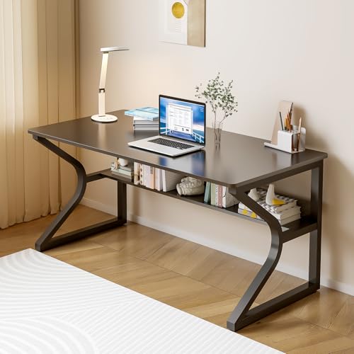 OSCHF Office Desk with Storage Shelf - 47.3" Long Writing Table for Single-Person Workstation, Modern Study Gaming Computer Desk, Black - color: Black, size: 47.3x23.6 inch
