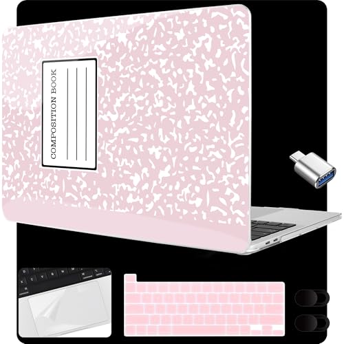 MEEgoodo for MacBook Pro 13 inch Case 2022 2021 2020 A2338 M2/M1 A2251 A2289 with Touch ID,Clear Laptop Hard Shell Cases with Keyboard Webcam Cover&Trackpad Film& Type C Adapter, Pink Composition Book - color: Pink Composition Book