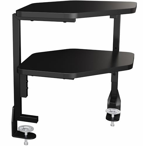 VIVO Corner Clamp-on 17 inch Above or Below Desk 2-Tier Shelving Unit for Table Accessories, Gaming Devices, and More, Storage Desk Attachment Organizer, Black, STAND-SHELF2CR