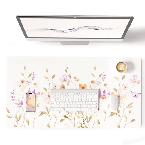 Colorful Star Large Mouse Pad, Floral Waterproof Office Desk Mat, Non-Slip Computer Gaming Mouse Pad, XXL PC Laptop Protector Pads, PU Leather Desk Writing Pads for Office Home, 31.5" x 15.7" - color: Blooming Watercolor Garden, size: 31.5" x 15.7"