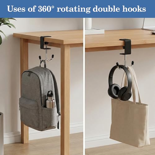 2 Pack Heavy Duty Purse Hooks for Hanging Bags Adjustable Table Hooks Steel Under Desk Purse Bag Holder Clamp-On Backpack Hooks for Handbag Umbrellas Office Table Accessories