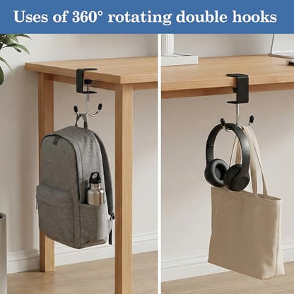 2 Pack Heavy Duty Purse Hooks for Hanging Bags Adjustable Table Hooks Steel Under Desk Purse Bag Holder Clamp-On Backpack Hooks for Handbag Umbrellas Office Table Accessories