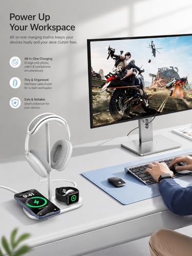 Airpod Max Charger Stand with 15W Wireless Charger, 4 in 1 Headphone Stand | Headset Holder for AirPods Max 2/Pro/iWatch/Vision Pro, Charging for iPhone 17/16/15/14/13/12/11/X, Aluminum Alloy Rod, White - color: Cream White