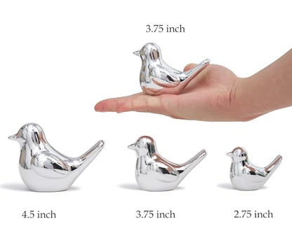 Small Silver Bird Statue Ceramic 2-Piece Set, 3¾ inch Cute Knick Knack for Home Office Shelf Desk Decor