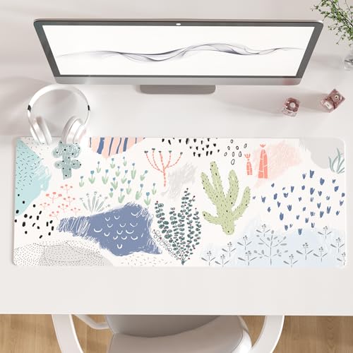 Colorful Star Large Mouse Pad, Waterproof PU Leather Abstract Desk Mat for Women Girls, Cute Desk Accessories Minimalist Home Office Decor, Kids Deak Pad Non-Slip Writing Mat 31.5" x 11.8" - color: Watercolor Plants, size: 31.5L x 11.8W inches