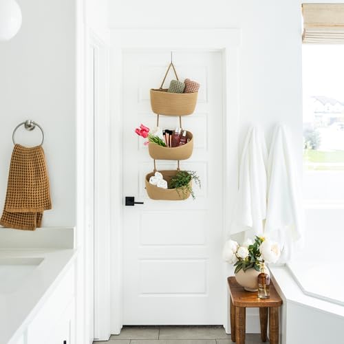 3-Tier Over the Door Hanging Basket (Set of 2) Adjustable, Detachable Woven Storage Baskets with Wall and Door Hooks - Decorative Boho Organizer for Nursery, Playroom, Bedroom, Kitchen, Apartment
