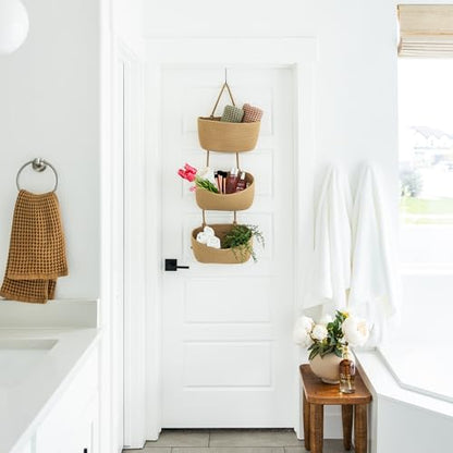 3-Tier Over the Door Hanging Basket (Set of 2) Adjustable, Detachable Woven Storage Baskets with Wall and Door Hooks - Decorative Boho Organizer for Nursery, Playroom, Bedroom, Kitchen, Apartment