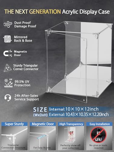 Clear Acrylic Display Case with Mirrored Back and Base, UV Protected Acrylic Box with Magnetic Door, Dustproof Display Box Showcase for Collectibles, Figures, Models, Toys (10x10x12inch) - size: 10x10x12 inch