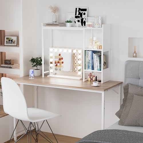 White 37" Desk Hutch for Table Top, Dorm Desk Bookshelf with Side Baffles, Desktop Organizer Shelf for Office & College, Monitor Riser Stand - color: White