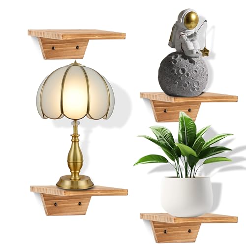 PHOENANCEE Small Floating Shelves,Speaker Shelf,Trapezoid Wall Shelf for Table Lamp Plants Display,Decorative Wood Ledges Chic for Living Room,Bedroom,Kitchen,Pine,8x6 Inch,4 Pack(Carbonized Brown - color: Carbonized Brown, size: Set of 4