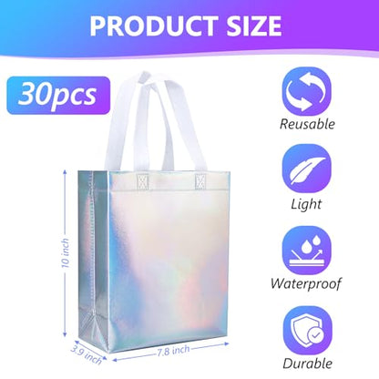 NEOACT 30 Pcs Iridescent Gift Bags Medium Size,Glossy Holographic Reusable Gift Bags with Handles,Ideal Goodie Bag for Birthday,Wedding,Christmas,Party Favor - 7.8x3.9x10 Inch