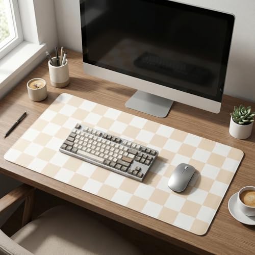 Large Desk Mat 31.5x15.7 Inch, Checkered Computer Mouse Pad Keyboard Mat, Non-Slip Office Desk Pad, Waterproof Rubber Desk Mat for Home Office Decor (Beige) - color: Beige