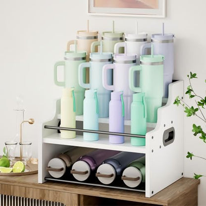 4-Tier Wood Display Shelf Wine Rack for 16 Bottles Wood Coffee Syrup Organizer with Handles Home Whiskey Shelf Retro Mini Liquor Cabinet Spice Rack Coffee Bar Shelves, White - color: White