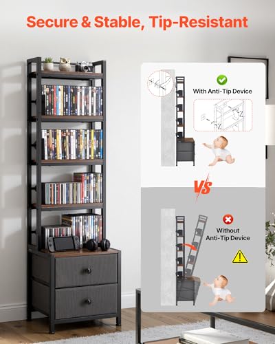 VEVOR Media Storage Cabinet, 4-Shelf DVD Shelf Organizer with Drawers, 15.75 x 11.81 x 56.50 in Multimedia Storage Organizer for CDs, DVDs, Books and Games, CD Cabinet for Living Room, Home Office