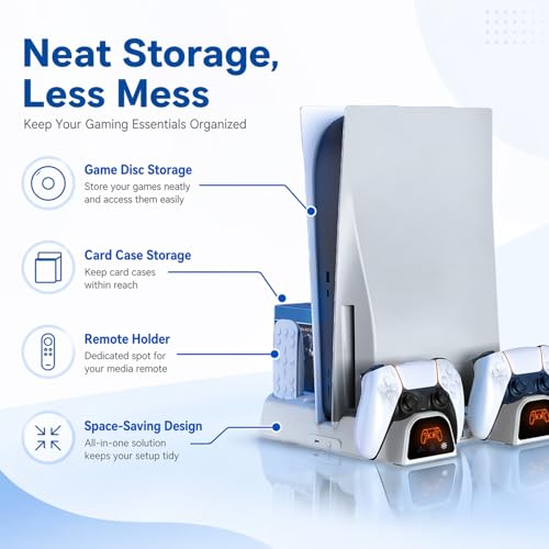 Cooling Station for PS5/Slim/Pro/Disc&Digital, White Cooling Stand with Dual PS5 Controller Charging Station, 3 Levels Cooling Fan, Multi-Function PS5 Accessories Slot and USB Hub
