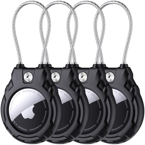 Gocii for Airtag Holder with Wire Cable(1st & 2nd Generation), 4 Pack Ultra-Durable Lockable Case for Apple AirTag, Waterproof Keychain Holder for Luggage, Keys, Backpacks, Cars, Bags, and Kids - color: 4 Black
