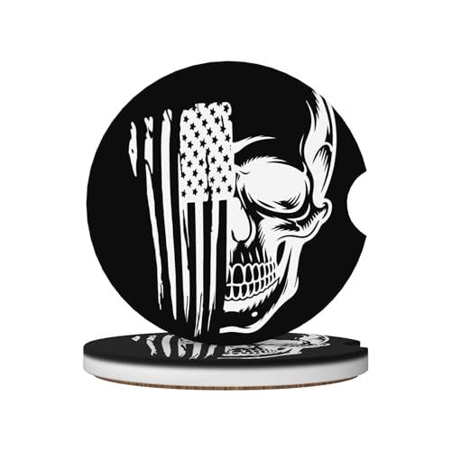 Skull American Flag Car Cup Holder Coasters 2 Pack Universal 2.63 Inch Anti Slip Ceramic Absorbent Coaster with Cork Base and Finger Notch Cute Car Accessories Interior for Women - color: White