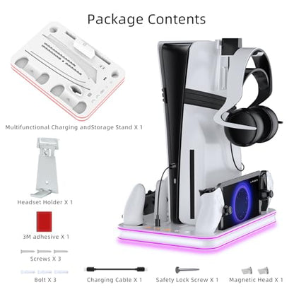 PS5 Pro / PS5 / Slim/Stand and Cooling Station with LED Controller Charging Station for PlayStation 5 Slim Disc/Pro Digital Edition Console with 3 Level Cooling Fan, WhiteLighting - color: White
