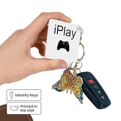 3dRose, iPlay, black lettering on white background, picture of game controller, Key Chain - size: set of 2 Key Chains