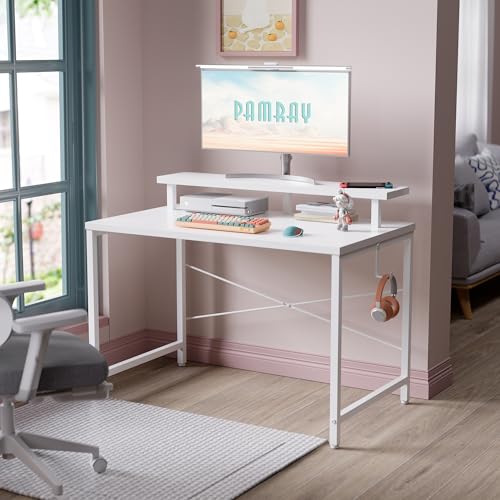 Pamray 32 Inch Small Computer Desk with Monitor Stand, Simple Office Desk with Headphone Hook for Small Spaces, Kids Study Writing Table for Bedroom, White - color: White, size: 32 Inch